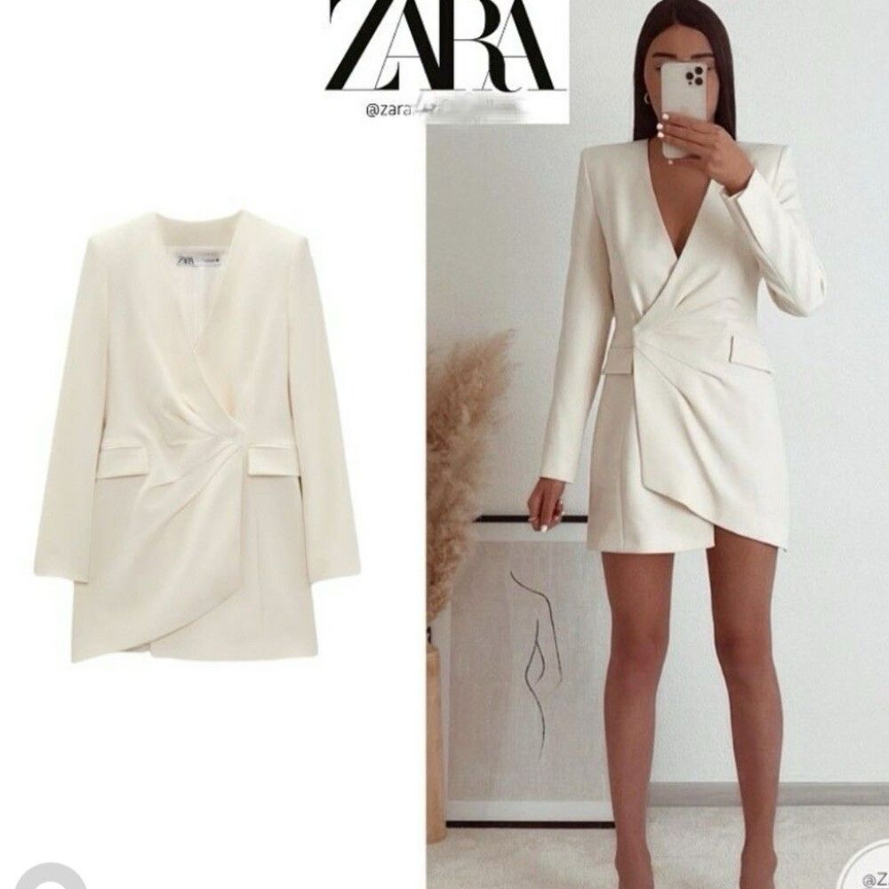 (W1) ZARA WHITE ECRU DRAPED ASYMMETRIC HEM BLAZER DRESS SIZE M